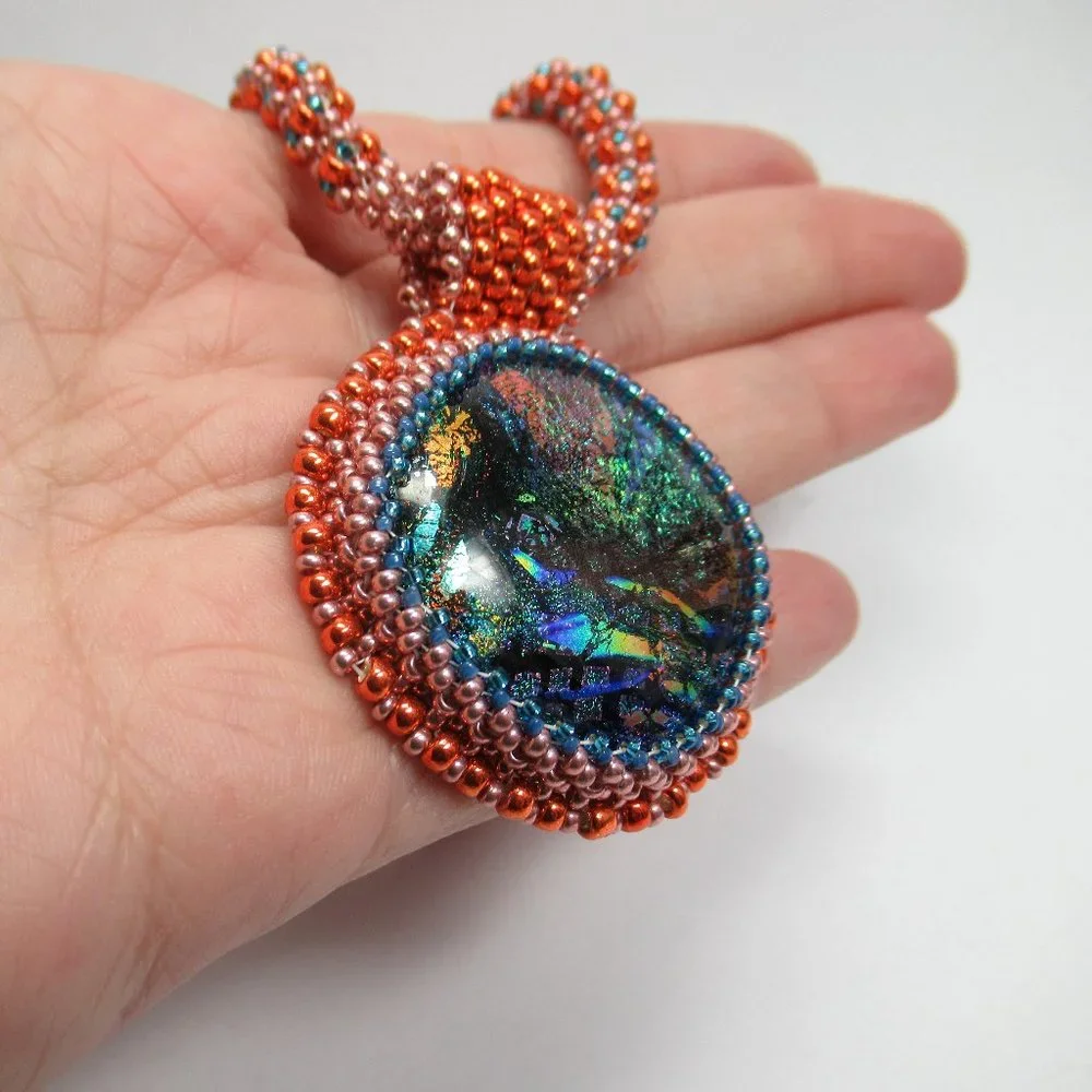Handwoven Dichroic glass pendant with necklace